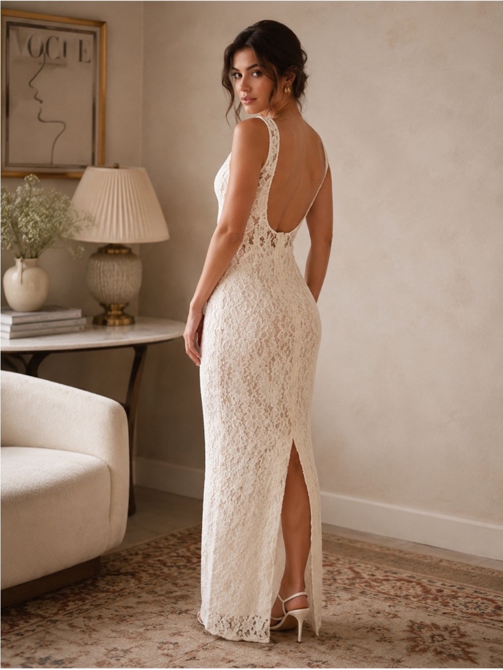 Beaded Sleeveless Maxi Low Back Wedding Gown Cocktail Party Formal Lace Dress